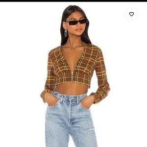 Revolve H:ours Brown Plaid Crop Plunge Zip Up Top Size Small NEW